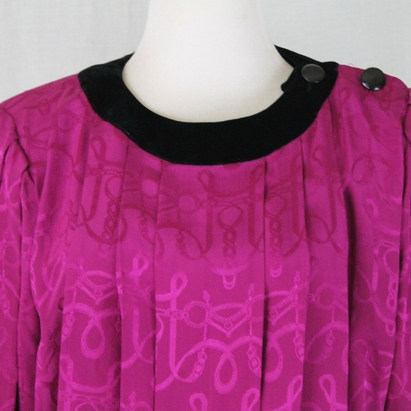 St. Gillian Pleated Fuchsia Pink Silk and Velvet 30s Inspired Vintage 80s  S M - Picture 9 of 14